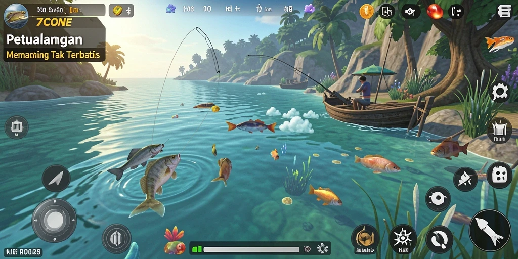 Screenshot gameplay 7CONE yang menampilkan aksi memancing yang seru.