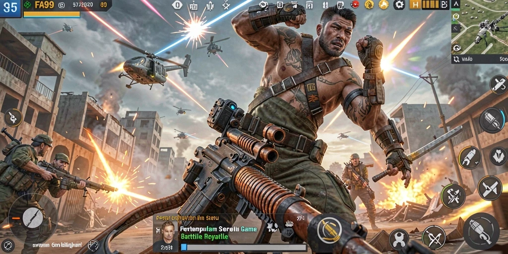 Tampilan seru dari gameplay FA99 di lapangan tempur Battle Royale.