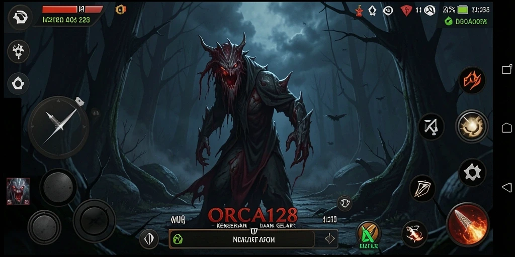 Tangkapan layar menampilkan suasana kelam dan menegangkan dalam gameplay ORCA128.