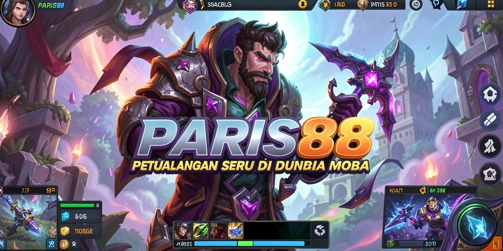 Gambaran seru gameplay PARIS88 dalam arena pertempuran MOBA.
