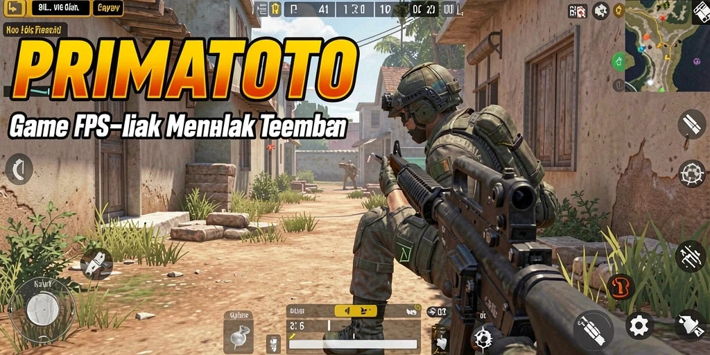 Tampilan gameplay mendebarkan dalam PRIMATOTO dengan aksi menembak yang intens.