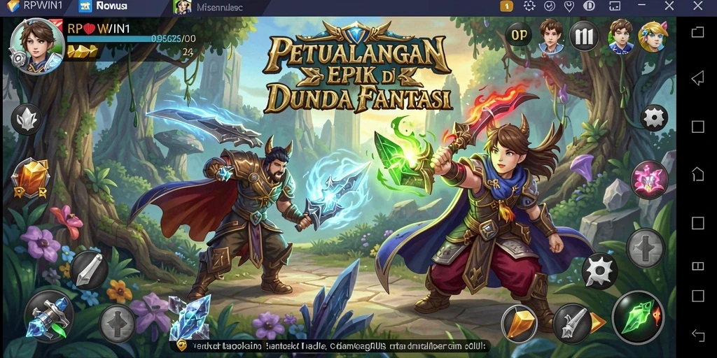 Screenshot utama RPWIN1 yang menunjukkan pertarungan epik di dunia fantasi.