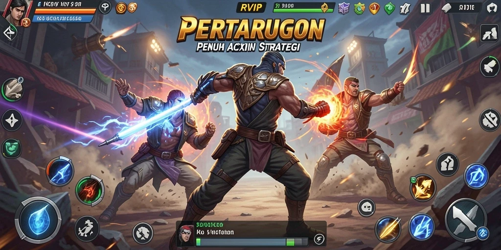 Screenshot menampilkan karakter bertarung dalam arena yang dinamis.