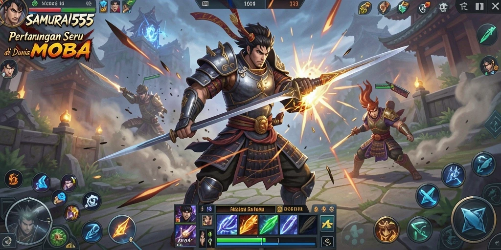Screenshot gameplay SAMURAI555 menampilkan pertarungan intens di medan perang MOBA.