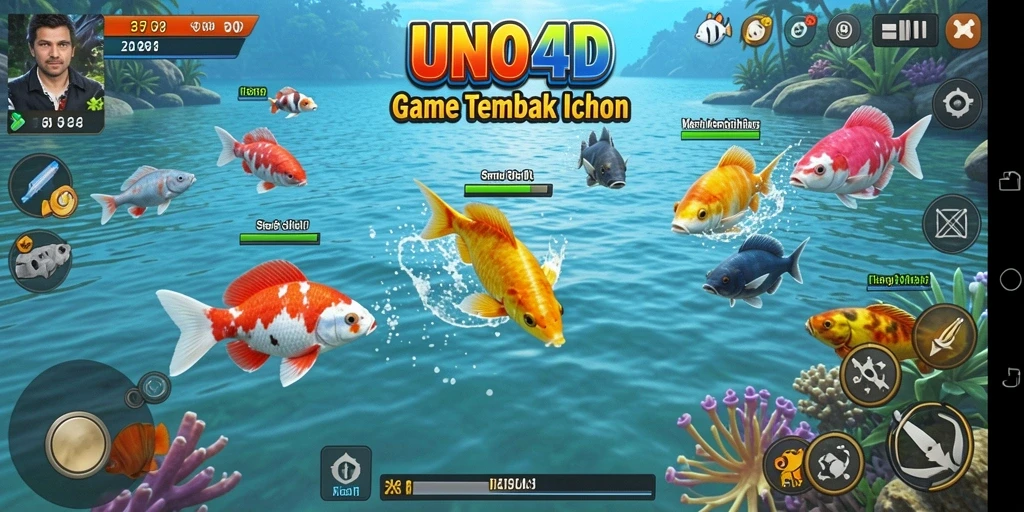 Screenshot gameplay UNO4D menampilkan serunya menembak ikan di lautan.