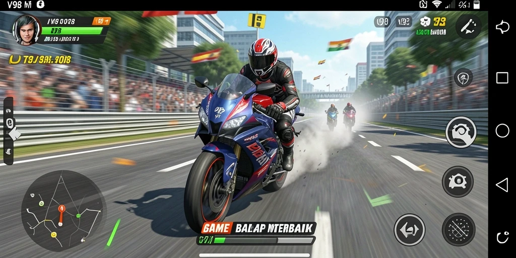 Screenshot utama V98 menampilkan balapan seru dengan motor tercepat.