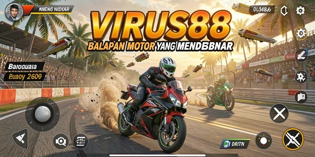 Tangkapan layar dari gameplay VIRUS88 yang penuh aksi balapan motor.