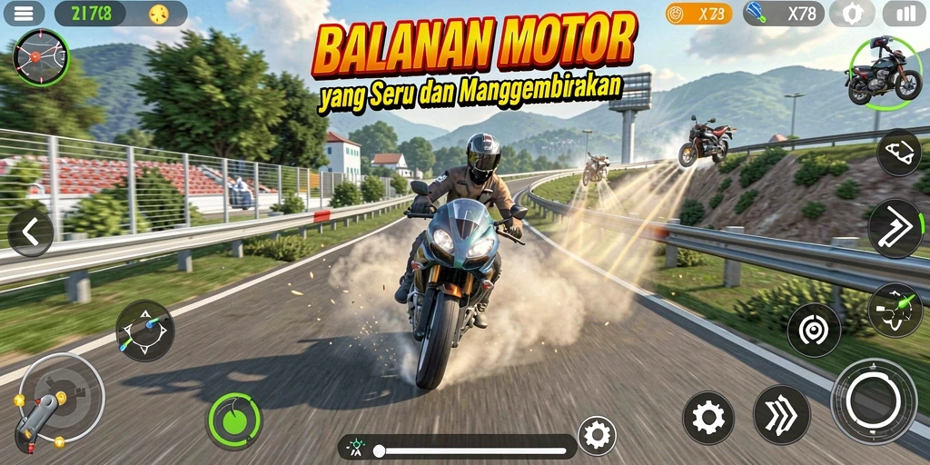 Screenshot X78 menampilkan aksi balapan motor yang mendebarkan.